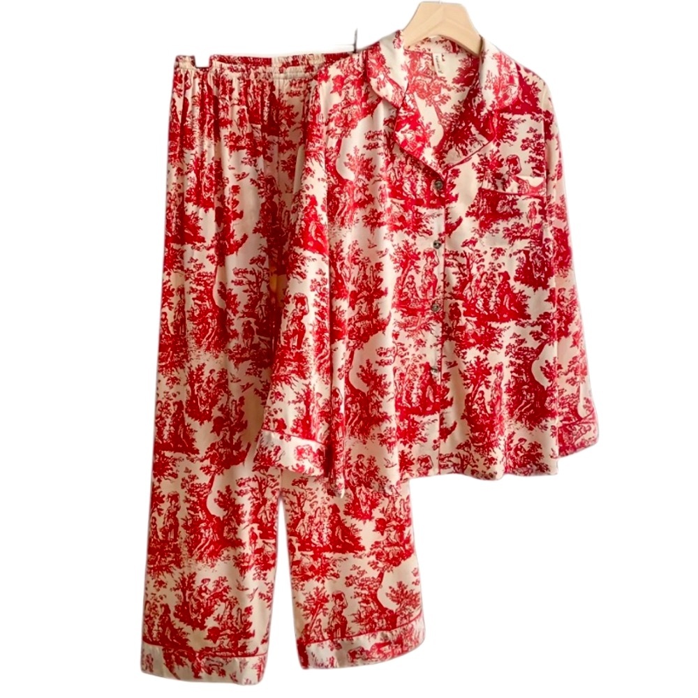 NEW CCB Red & White Satin Toile Ink-Print Button Lapel Collar Pants Pajama Set M